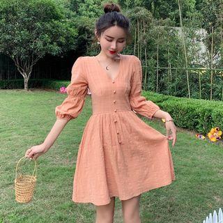 Buttoned 3/4-sleeve A-line Dress