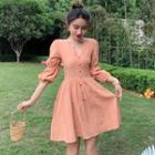 Buttoned 3/4-sleeve A-line Dress