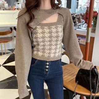 Set Of 2: Houndstooth Knit Camisole Top / Long-sleeve Plain Asymmetric Knit Shrug