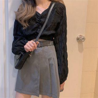 Long-sleeve Plain Cropped Top Black - One Size