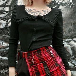 Ruffle Trim Long-sleeve T-shirt Black - One Size