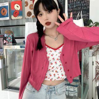 Long-sleeve Plain Knit Cardigan / Floral Cropped Camisole