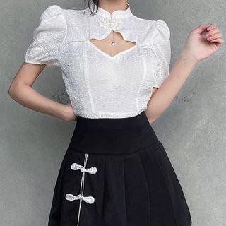 Puff-sleeve Ruffle Cutout Blouse
