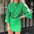Sequin Mock-neck Long-sleeve Top