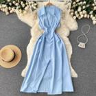 Sleeveless Collar Slit Maxi A-line Dress