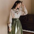 Long-sleeve Blouse / Plain Midi A-line Skirt / Set