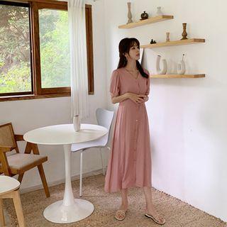 V-neck Buttoned Tie-waist Dress