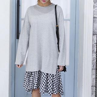Long-sleeve Checked-hem Pullover Dress