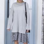 Long-sleeve Checked-hem Pullover Dress