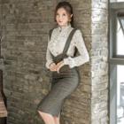Set: Ruffle Trim Lace Blouse + Slim-fit Suspender Skirt