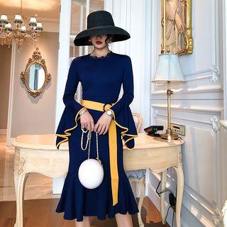 Long-sleeve Lace-panel Midi Mermaid Dress