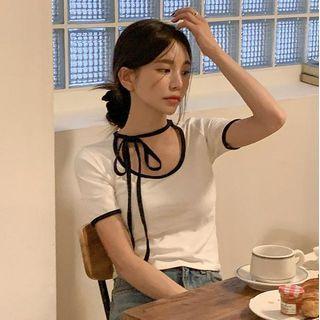 Short-sleeve Tie-neck Contrast Trim Top White - One Size