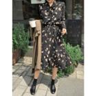 Long-sleeve Tie-front Gathered-waist Floral Long Dress