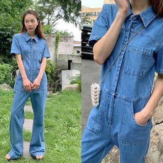 Zip-up Denim Shirt Jumpsuit Blue - One Size