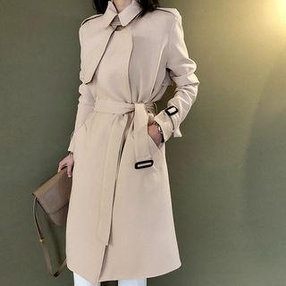 Funnel-neck Open-front Coat With Belt