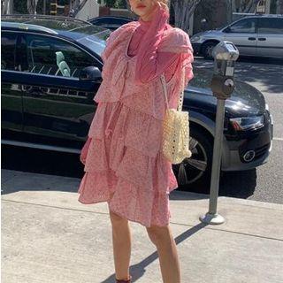 Set: Turtleneck Long-sleeve T-shirt + V-neck Sleeveless Tiered Dress As Shown In Figure - One Size