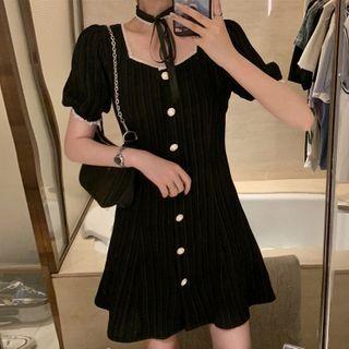 Balloon-sleeve Ribbed A-line Dress