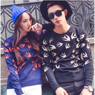 Couple Bird Patterned Knit Top