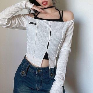 Set: Halter-neck Camisole Top + Off-shoulder T-shirt