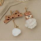 Asymmetrical Pom Pom Drop Earring 1 Pair - Silver Needle Earring - Coffee Bow & Coffee Bear - White - One Size