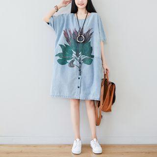 Printed Short Sleeve Denim Dress Light Blue - One Size