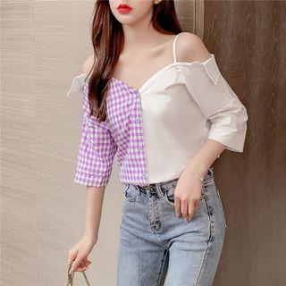 Elbow-sleeve Plaid Panel Blouse