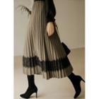 Lace-trim Herringbone Long Skirt Brown - One Size