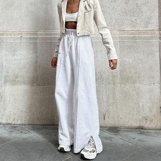 Lettering Slit Wide Leg Pants