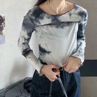 Long-sleeve Tie-dyed Cut-out T-shirt Dirty White - One Size