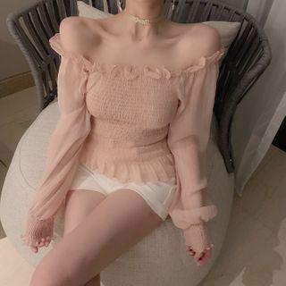 Mesh Panel Long-sleeve Ruffle Trim Cropped Top