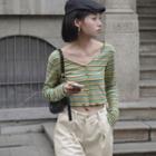 Long-sleeve Striped Ribbed T-shirt Green - One Size