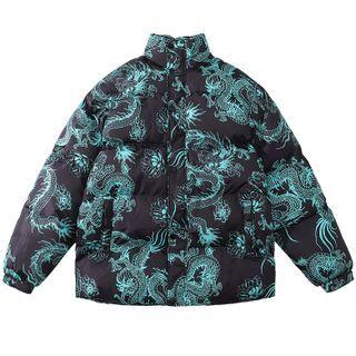 Stand-collar Dragon Print Padded Jacket