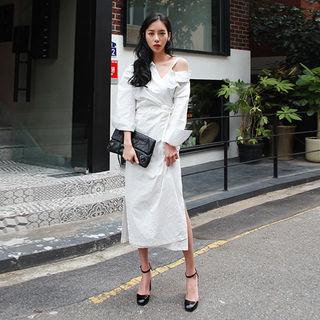 Collared One Off-shoulder Maxi Surplice-wrap Dress