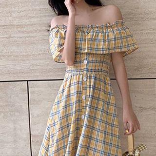 Plaid Off-shoulder Ruffle-trim Dress