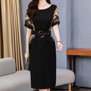 Short-sleeve Printed Panel Sheath Dress