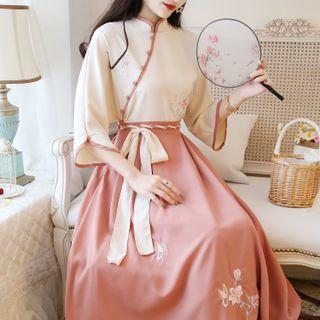 Set: 3/4-sleeve Flower Embroidered Hanfu Blouse + Midi A-line Skirt