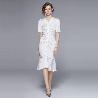 Short-sleeve Button-up Ruffle Hem Midi Sheath Dress