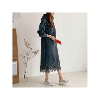 Lace-hem Long Hoodie Dress Charcoal Gray - One Size