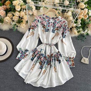 Round-neck Print Puff-sleeve Dress White - One Size