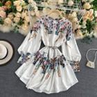 Round-neck Print Puff-sleeve Dress White - One Size
