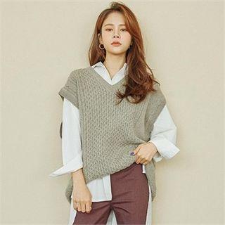 V-neck Cap-sleeve Waffle-knit Top