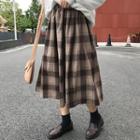 Plaid Midi A-line Skirt Brown - One Size