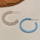 Faux Pearl Alloy Asymmetrical Open Hoop Earring 1 Pair - Blue & White - One Size