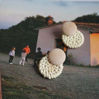 Wood & Straw Disc Dangle Earring 1 Pair - Beige & White - One Size