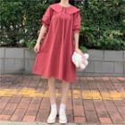 Collared Elbow-sleeve A-line Dress Red - One Size