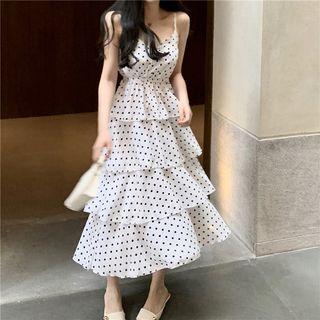 Dotted Spaghetti-strap Drawstring Midi Dress
