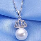 925 Sterling Silver Rhinestone Crown Faux Pearl Necklace