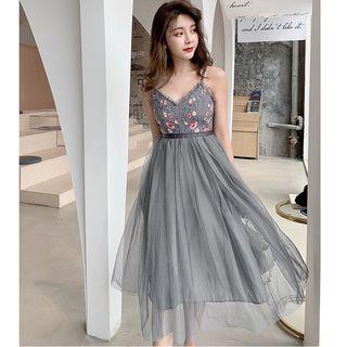 Embroidered Spaghetti-strap Midi Mesh Cocktail Dress Gray - One Size