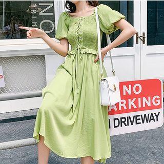 Lace-up Ruched Front Short-sleeve Midi Dress