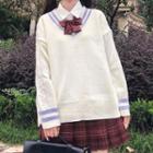 Contrast Trim V-neck Sweater / Shirt / Plaid Bow Tie / Pleated Mini A-line Skirt / Set